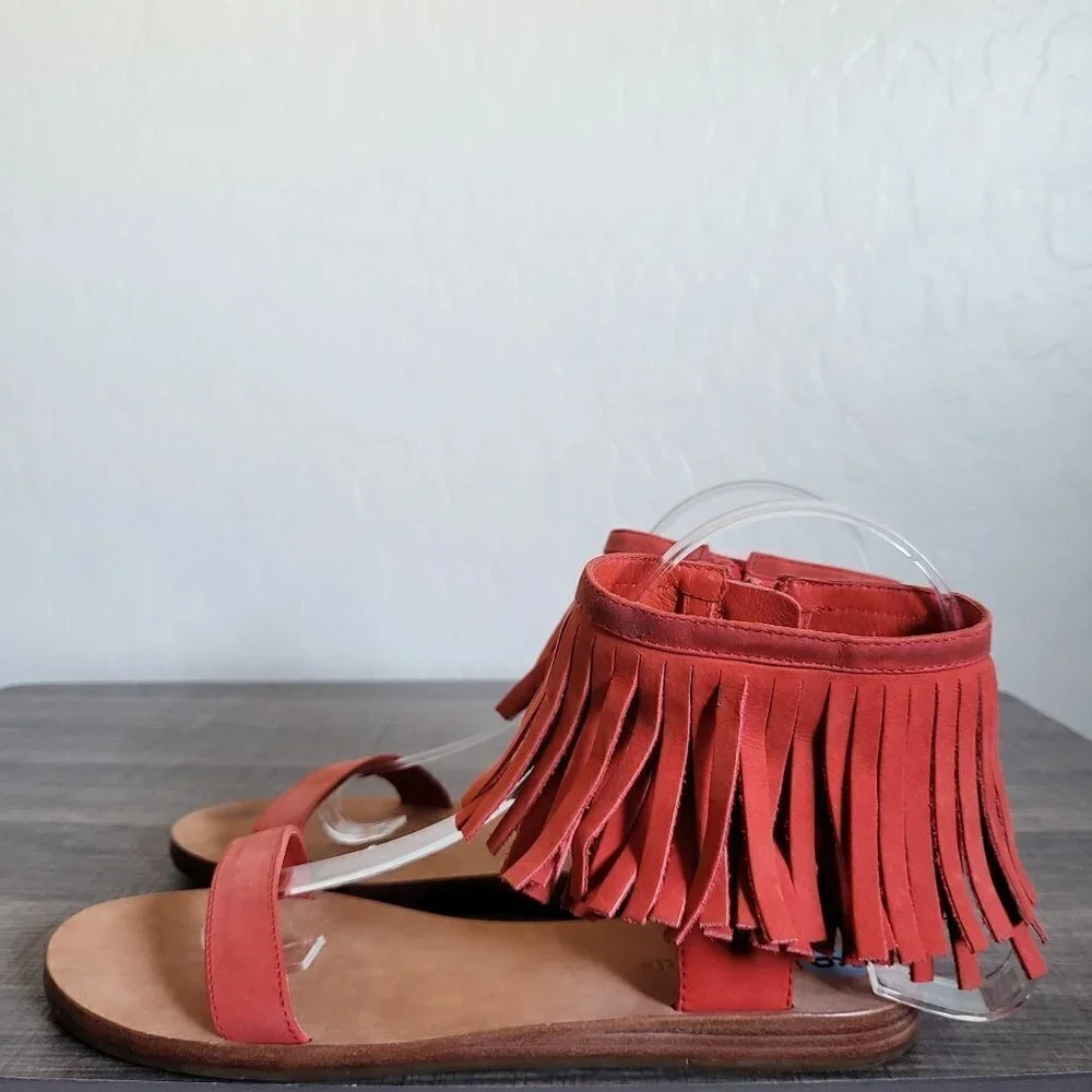 Kate Spade Alex Flat Fringe-Cuff Boho Sandals Orange Nubuck Leather Sz Women's 6